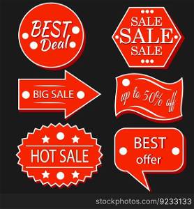 Set sale stickers red icon isolated flat colorful illustration big hot sale best offer 50  off marketing discount