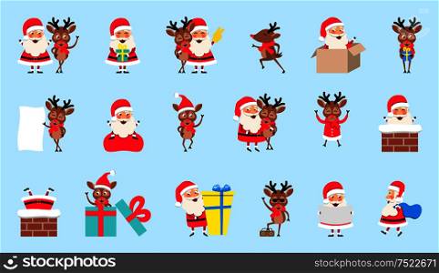 Set Santa Clauses and Deers. Christmas Cartoon Happy Characters - Illustration Vector. Set Santa Clauses and Deers. Christmas Cartoon Happy Characters