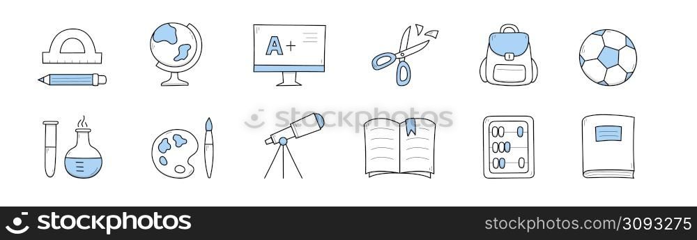Set school doodle icons protractor, pencil, globe, excellent test result on pc. Scissors, backpack, soccer ball and chemical beakers, paints, telescope, textbook, abacus Line art vector illustration. Set school doodle icons, education line art signs