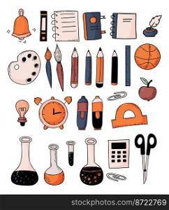 Set school elements. Educational items and supplies - book, ball, ruler, notepad and pencils, scissors, apple, protractor, alarm clock, calculator, flasks and marker. Vector isolated colored doodles.