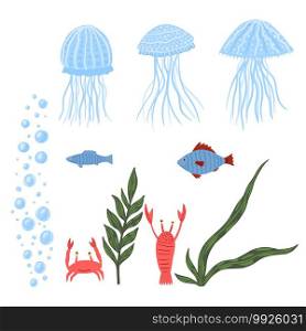 Set sea fauna on white background. Cartoon cute jellyfish, fish, crayfish crab, bubble and seaweed in doodle vector illustration.. Set sea fauna on white background. Cartoon cute jellyfish, fish, crayfish crab, bubble and seaweed in doodle.