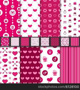 Set seamless backgrounds Valentine Day pattern. Illustration Group of love and romantic seamless backgrounds. Valentine Day patterns with pink and white colors - vector
