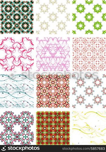Set seamless geometric patterns - circles, swirls and floral textures. Vector illustration