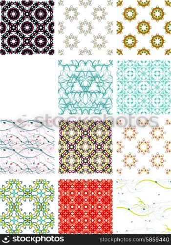Set seamless geometric patterns - circles, swirls and floral textures. Vector illustration