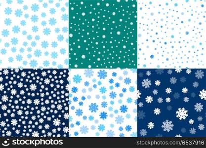Set seamless Pattern Snowflakes Endless Background. Set of seamless patterns snowflakes background. Endless texture in New Year, Christmas concept. Winter Xmas theme. Realistic pattern with snowflakes, snow. Fabric textile, print material. Vector