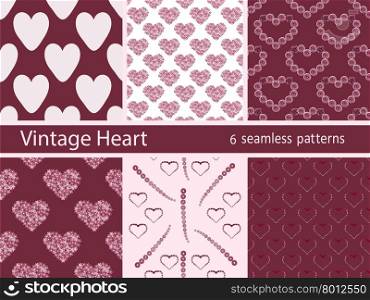 Set seamless vintage heart pattern. Red pink vector background. Valentines day and wedding. Love and romance. Set seamless vintage heart pattern
