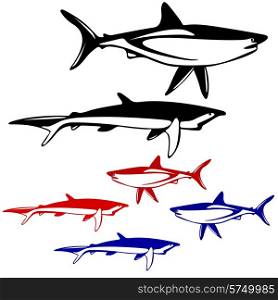 Set shark, black and white outline. Vector illustration.