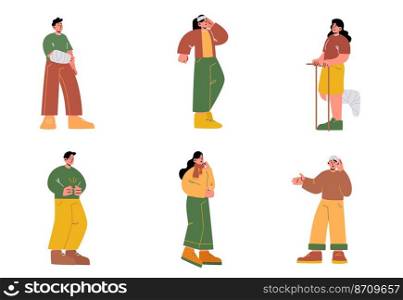 Set sick people suffer of ache in different body parts stomach, head, arm or leg injury, flu. Characters feel strong pain, health problem, disease symptoms and sickness. Line art vector illustration. Set sick people suffer of pain, ache in body parts