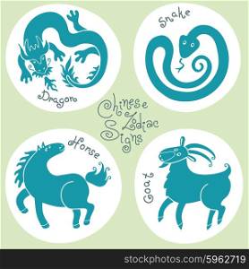 Set signs of the Chinese zodiac Dragon, Snake, Horse, Goat. Vector illustration.
