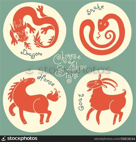 Set signs of the Chinese zodiac Dragon, Snake, Horse, Goat. Vector illustration.