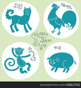 Set signs of the Chinese zodiac Monkey, Dog, Rooster, Pig. Vector illustration.