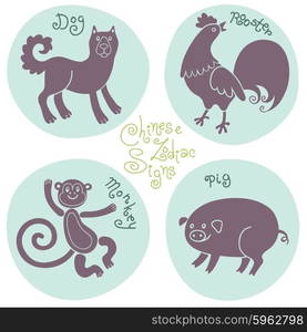 Set signs of the Chinese zodiac Monkey, Dog, Rooster, Pig. Vector illustration.