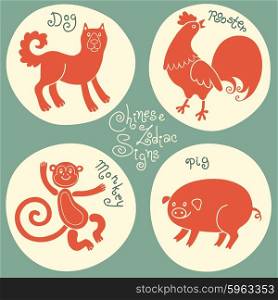 Set signs of the Chinese zodiac Monkey, Dog, Rooster, Pig. Vector illustration.