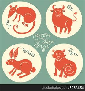 Set signs of the Chinese zodiac Rat, Ox, Rabbit, Tiger. Vector illustration.