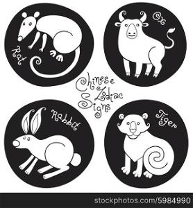 Set signs of the Chinese zodiac Rat, Ox, Rabbit, Tiger. Vector illustration.