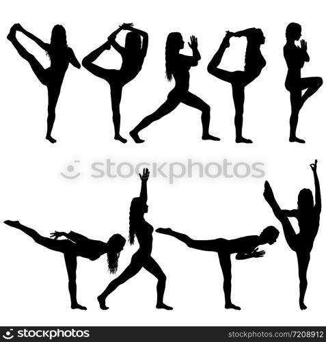 Set silhouette girl on yoga class in pose on a white background.. Set silhouette girl on yoga class in pose on a white background