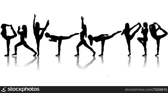 Set silhouette girl on yoga class in pose on a white background.. Set silhouette girl on yoga class in pose on a white background