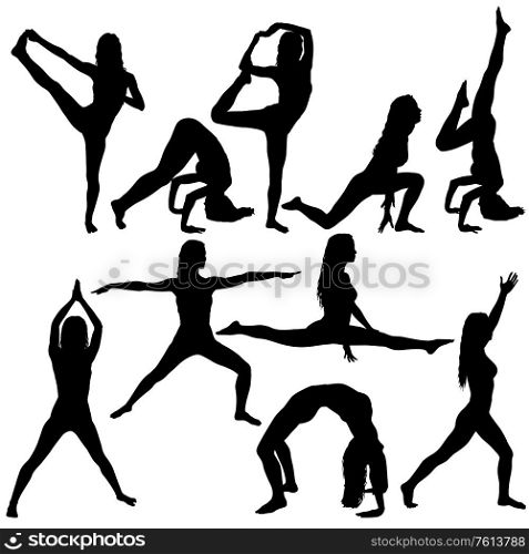 Set silhouette girl on yoga class in pose on a white background.. Set silhouette girl on yoga class in pose on a white background