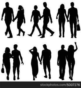Set Silhouette man and woman walking hand in hand. Set Silhouette man and woman walking hand in hand.