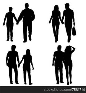 Set Silhouette man and woman walking hand in hand.. Set Silhouette man and woman walking hand in hand