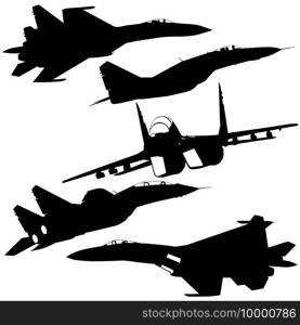 Set silhouette military combat airplane on a white background.. Set silhouette military combat airplane on a white background