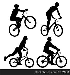 Set silhouette of a sports cyclist on a white background.. Set silhouette of a sports cyclist on a white background
