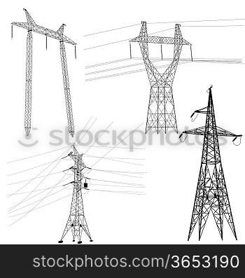 Set silhouette of high voltage power lines. Vector illustration.