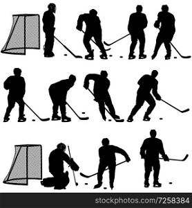 Set silhouette of hockey player on white background.. Set silhouette of hockey player on white background