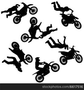 Set silhouette of motorcycle rider performing trick on white background.. Set silhouette of motorcycle rider performing trick on white background