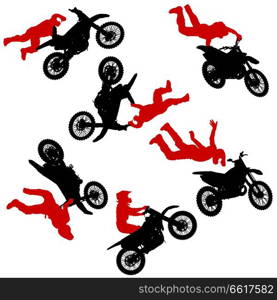 Set silhouette of motorcycle rider performing trick on white background.. Set silhouette of motorcycle rider performing trick on white background