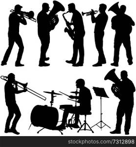 Set silhouette of musician playing the trombone, drummer, tuba, trumpet, saxophone, on a white background.. Set silhouette of musician playing the trombone, drummer, tuba, trumpet, saxophone, on a white background