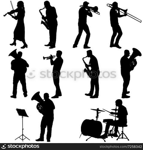 Set silhouette of musician playing the trombone, drummer, tuba, trumpet, saxophone, violin on a white background.. Set silhouette of musician playing the trombone, drummer, tuba, trumpet, saxophone, on a white background