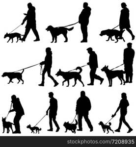 Set silhouette of people and dog on a white background.. Set silhouette of people and dog on a white background