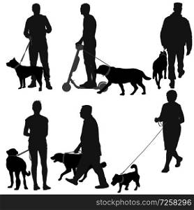 Set silhouette of people and dog on a white background.. Set silhouette of people and dog on a white background
