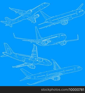 Set silhouette passenger aircraft on a blue background.. Set silhouette passenger aircraft on a blue background