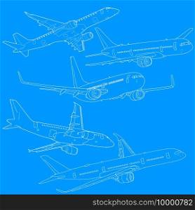 Set silhouette passenger aircraft on a blue background.. Set silhouette passenger aircraft on a blue background