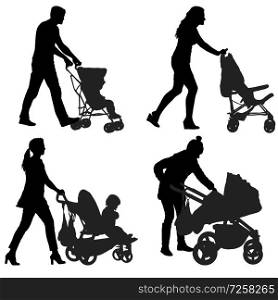 Set silhouettes walkings mothers with baby strollers.. Set silhouettes walkings mothers with baby strollers