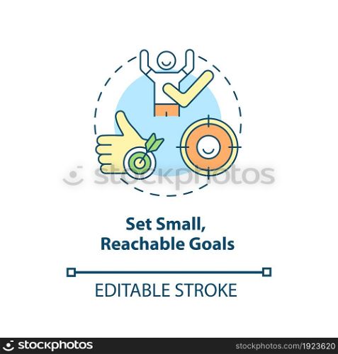 Set small, reachable goals concept icon. Parenting tip for ADHD abstract idea thin line illustration. Establish daily responsibilities for child. Vector isolated outline color drawing. Editable stroke. Set small, reachable goals concept icon