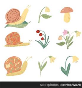 Set snail and flower on white background. Funny cartoon character  snail, lily of the valley, bellflowers, mushroom, leaf, berry in doodle style vector illustration.. Set snail and flower on white background. Funny cartoon character  snail, lily of the valley, bellflowers, mushroom, leaf, berry in doodle style.