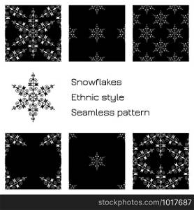 Set Snowflakes. Ethnic style. Black background. Seamless pattern. For winter, New Year Christmas projects. Set Snowflakes. Ethnic style. Black background. Seamless pattern
