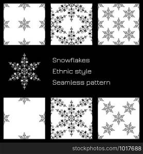 Set Snowflakes. Ethnic style. White background. Seamless pattern. For winter, New Year Christmas projects. Set Snowflakes. Ethnic style. White background. Seamless pattern