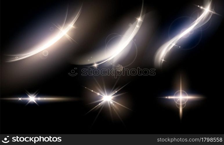 Set sparks glitter special light effect Glowing. Isolated on black transparent background.