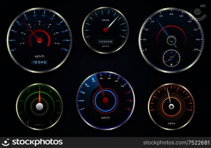 Set Speedometers, Icon group with Dials, Panel Control, Indicator - Illustration Vector. Set Speedometers, Icon group with Dials, Panel Control, Indicator