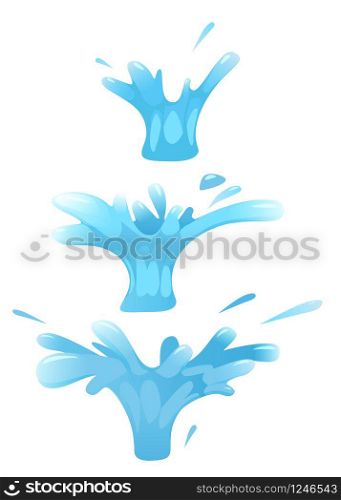 Set splash of liquid, water. For illustrations, animation cartoon style. Set splash of liquid, water, slutter. For illustrations, animation, cartoon style, vector, isolated on white colour