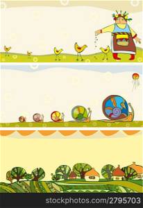 Set spring horizontal banners with the girl, chickens, a snail and houses