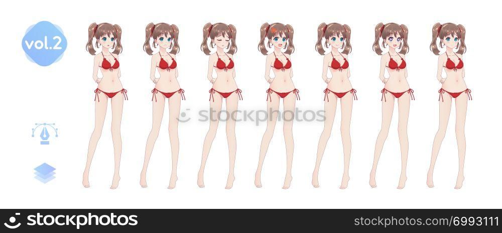 Set sprites emotions anime manga girls. The pose of the hand behind the back. Character for games visual novel. Girl in bikini in full length