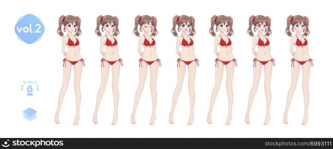 Set sprites emotions anime manga girls. The pose of the hand behind the back. Character for games visual novel. Girl in bikini in full length