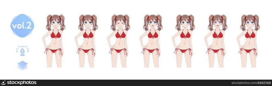 Set sprites emotions anime manga girls. The pose of the hand behind the back. Character for games visual novel. Girl in bikini to hips