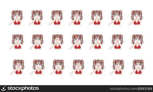 Set sprites emotions anime manga girls. The pose of the hand behind the back. Character for games visual novel. Avatar. Bust of girl in bikini