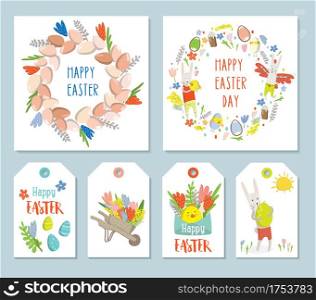 Set square easter cards, gift tags and labels. Wreath off easter egg, easter bunnies, flowers, spring clipart. Easter elements. Cute and modern vector illustration. For social media post greeting